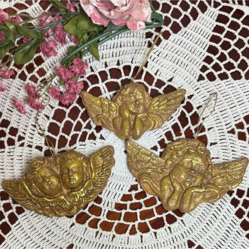 Gold Angel Ornaments Set Victorian Vintage Christmas Cherub Handcrafted Handmade